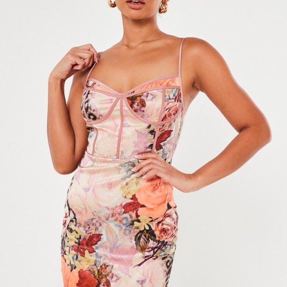 NWT Floral Animal Print Satin Corset Bodycon Midi - Picture 4 of 12